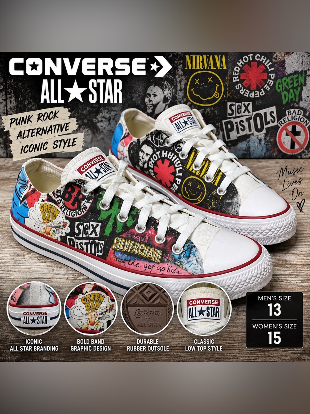 Converse All Star Punk Rock Band Graphic Sneakers Unisex Men 13 Women 15